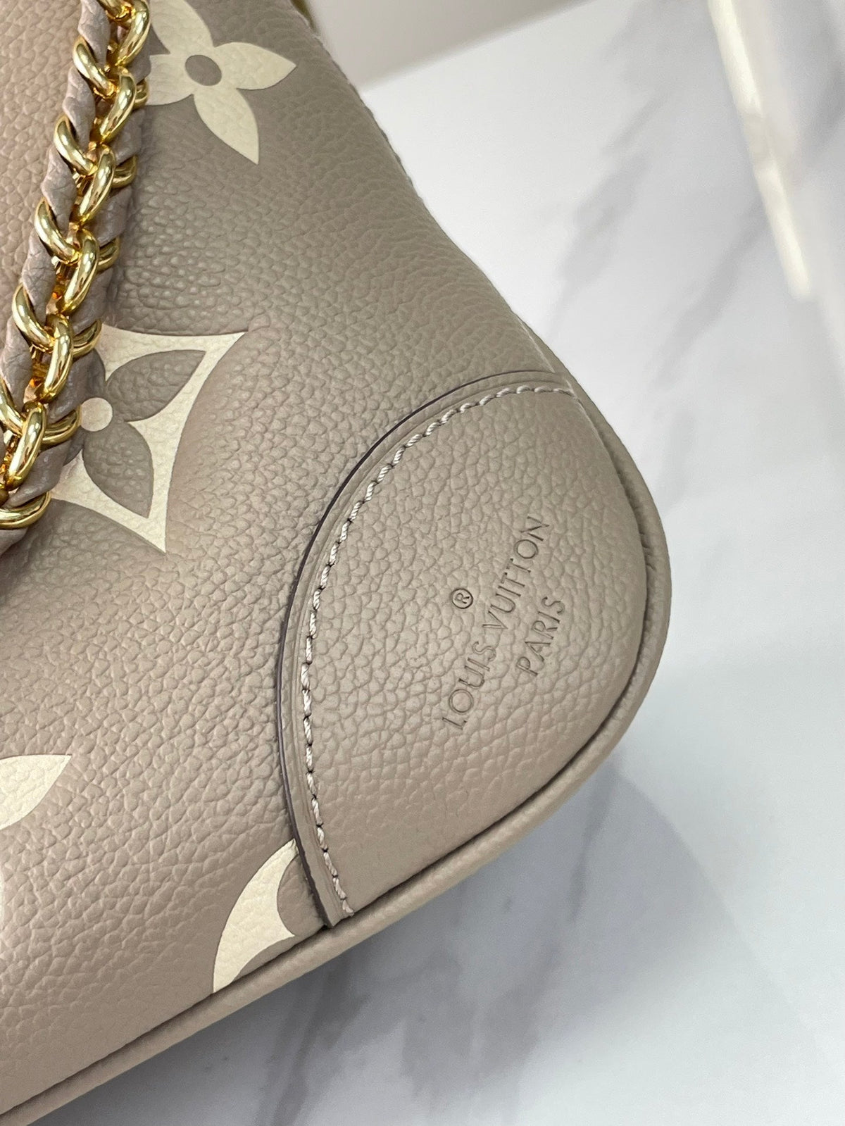 BOULOGNE 29 IN DOVE GRAY AND CREAM MONOGRAM EMPREINTE LEATHER GOLD HARDWARE