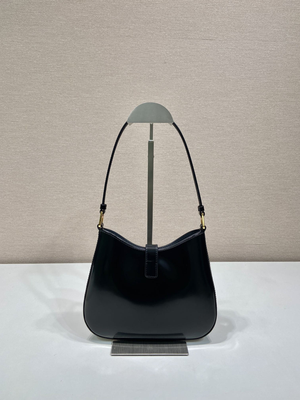 PRADA CLEO SHOULDER BAG 22 IN BLACK BRUSHED LAMBSKIN WITH CLASP CLOSURE