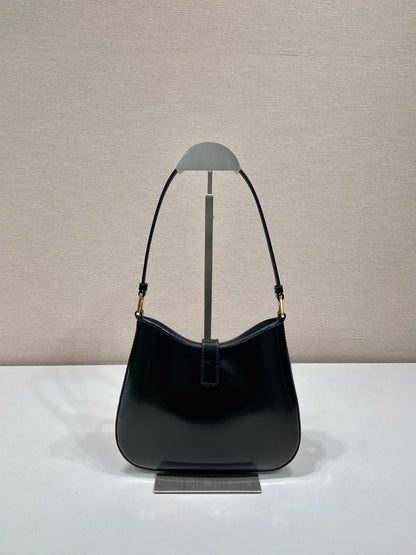 PRADA CLEO SHOULDER BAG 22 IN BLACK BRUSHED LAMBSKIN WITH CLASP CLOSURE