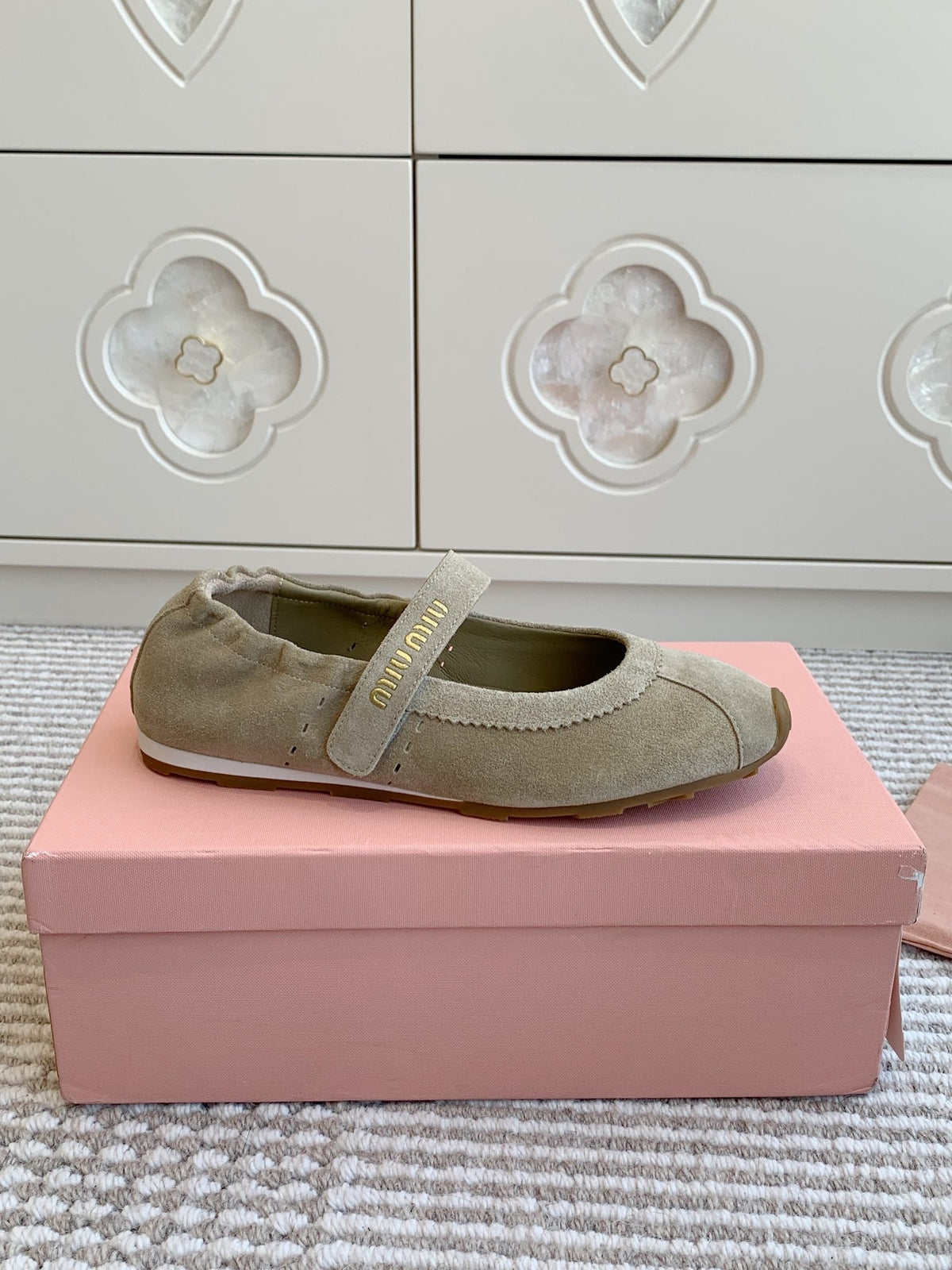 MARY JANE FLATS IN TROUT SUEDE