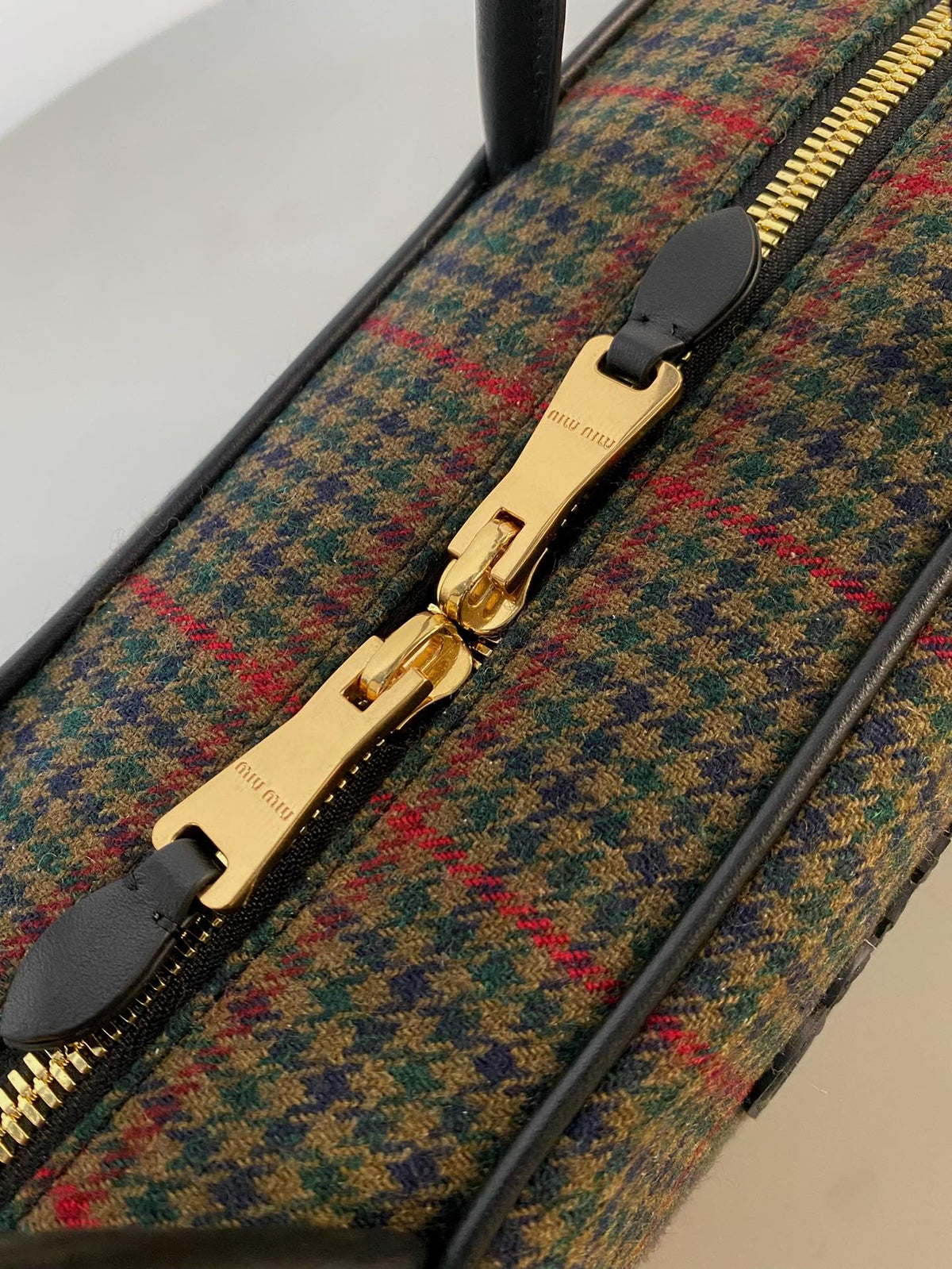 BEAU TOP HANDLE BAG 34 IN LODEN GREEN TARTAN AND BLACK LEATHER TRIM