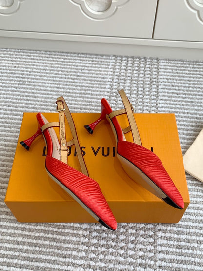 BLOSSOM SLINGBACKS 55 MM IN CHERRY RED IMPORTED STRIPED SILK SATIN