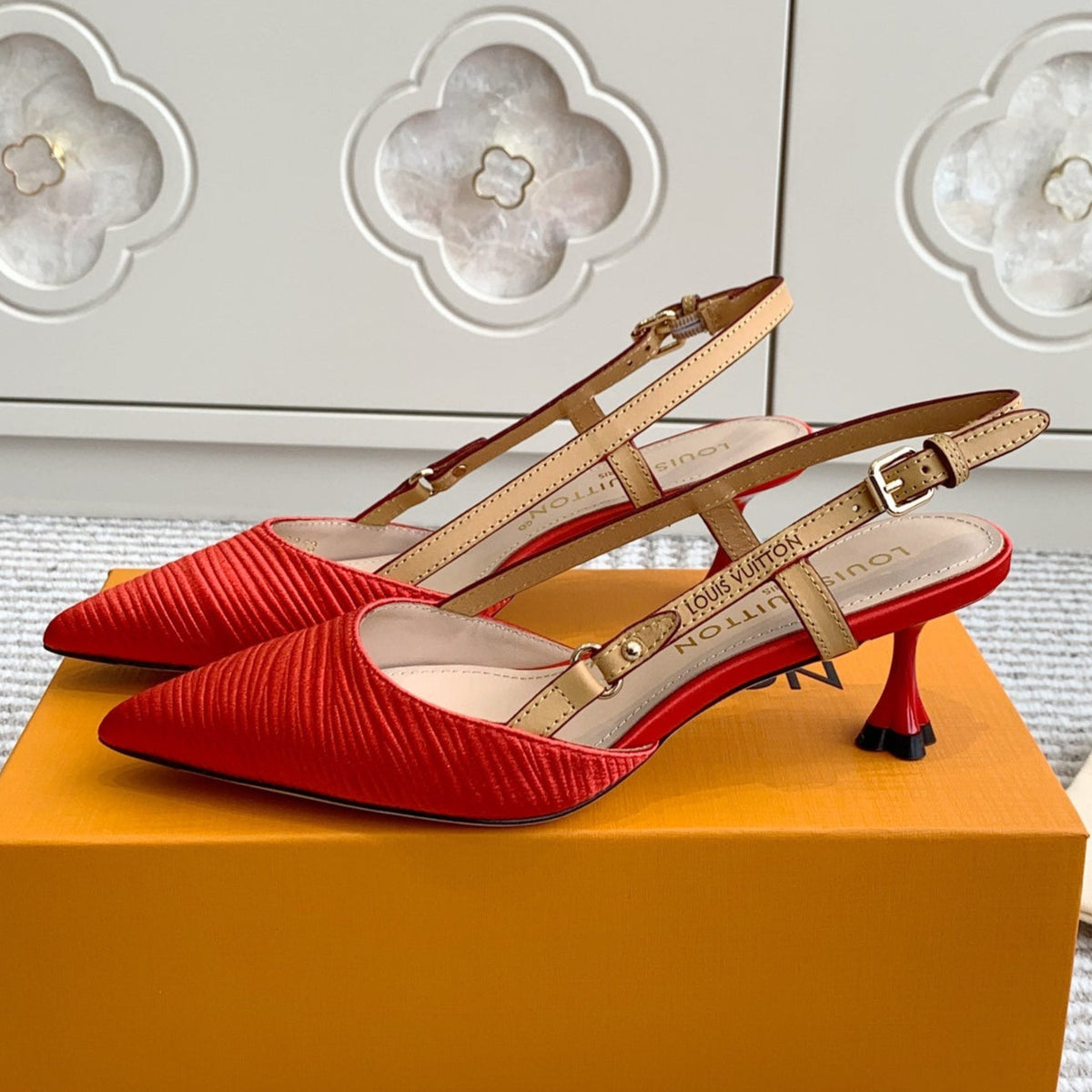BLOSSOM SLINGBACKS 55 MM IN CHERRY RED IMPORTED STRIPED SILK SATIN