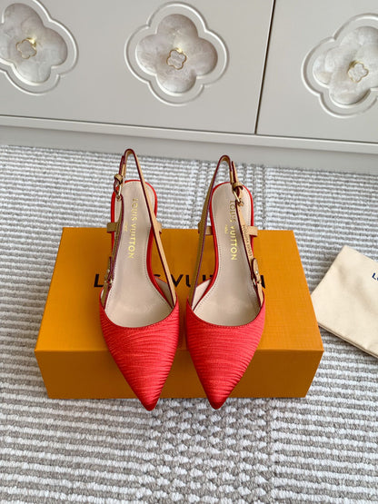 BLOSSOM SLINGBACKS 75 MM IN CHERRY RED IMPORTED STRIPED SILK SATIN