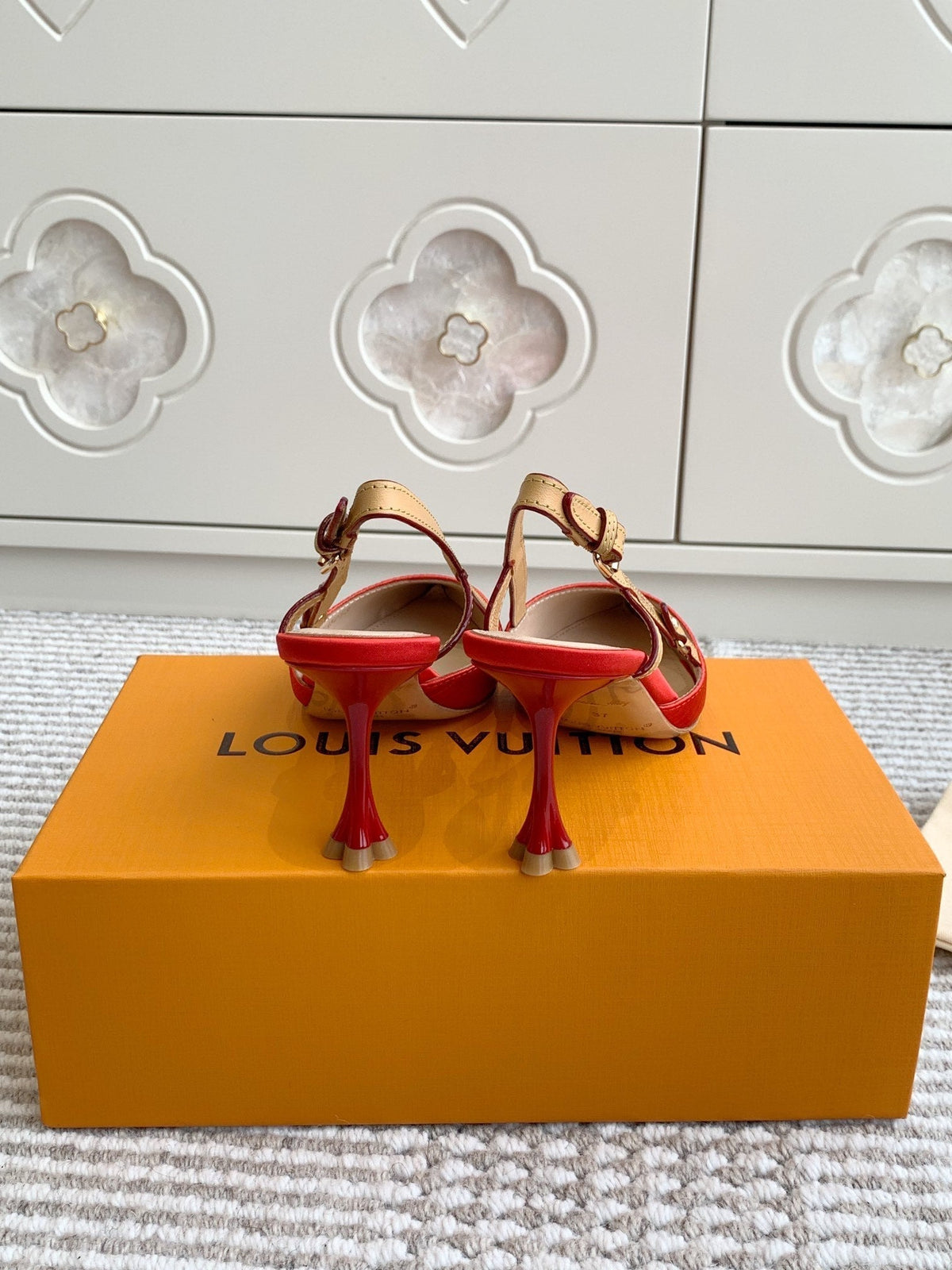 BLOSSOM SLINGBACKS 75 MM IN CHERRY RED IMPORTED STRIPED SILK SATIN