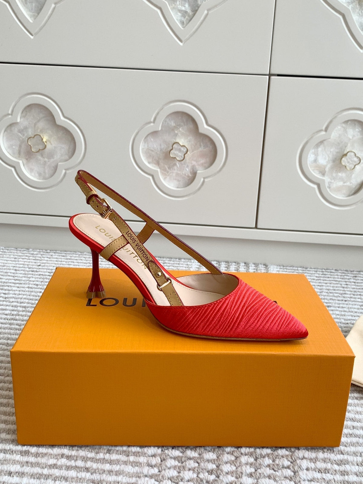 BLOSSOM SLINGBACKS 75 MM IN CHERRY RED IMPORTED STRIPED SILK SATIN