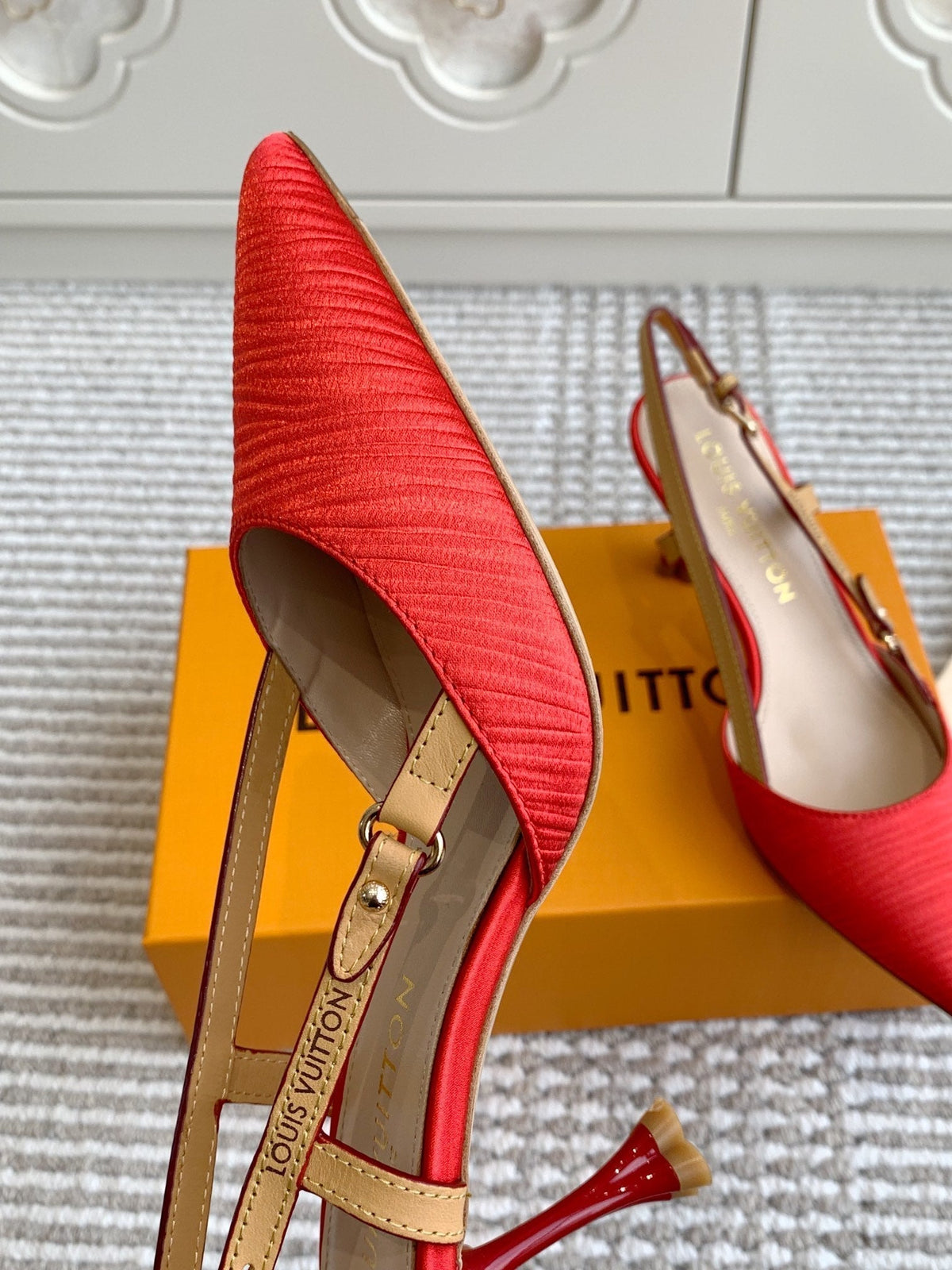 BLOSSOM SLINGBACKS 75 MM IN CHERRY RED IMPORTED STRIPED SILK SATIN