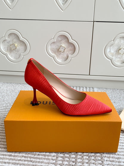 BLOSSOM PUMP 75 MM IN CHERRY RED IMPORTED STRIPED SILK SATIN