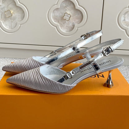 BLOSSOM SLINGBACKS 55 MM IN SILVER IMPORTED STRIPED SILK SATIN