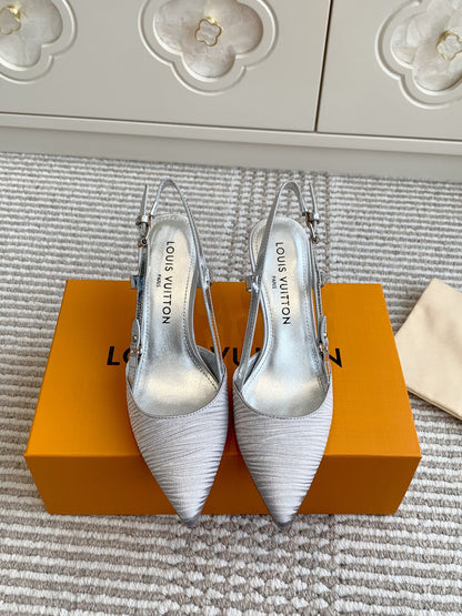 BLOSSOM SLINGBACKS 75 MM IN SILVER IMPORTED STRIPED SILK SATIN