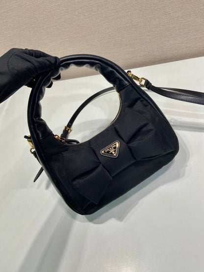 BOW HOBO BAG 22 IN BLACK RE-NYLON AND LAMBSKIN