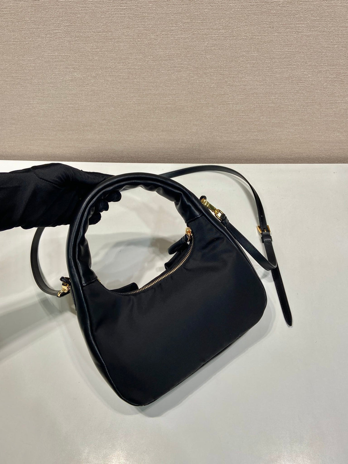 BOW HOBO BAG 22 IN BLACK RE-NYLON AND LAMBSKIN