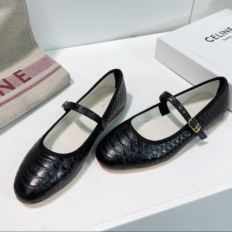 BLACK PYTHON PRINT LEATHER BALLET FLATS
