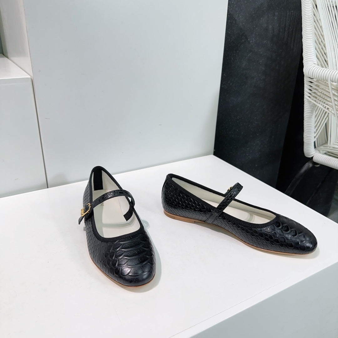 BLACK PYTHON PRINT LEATHER BALLET FLATS