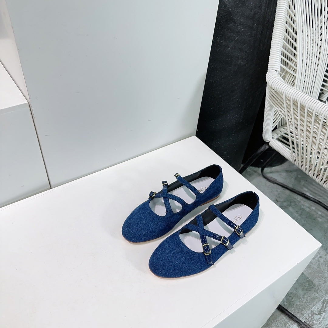LES BALLERINES CELINE BABIES IN CLASSIC BLUE DENIM FABRIC
