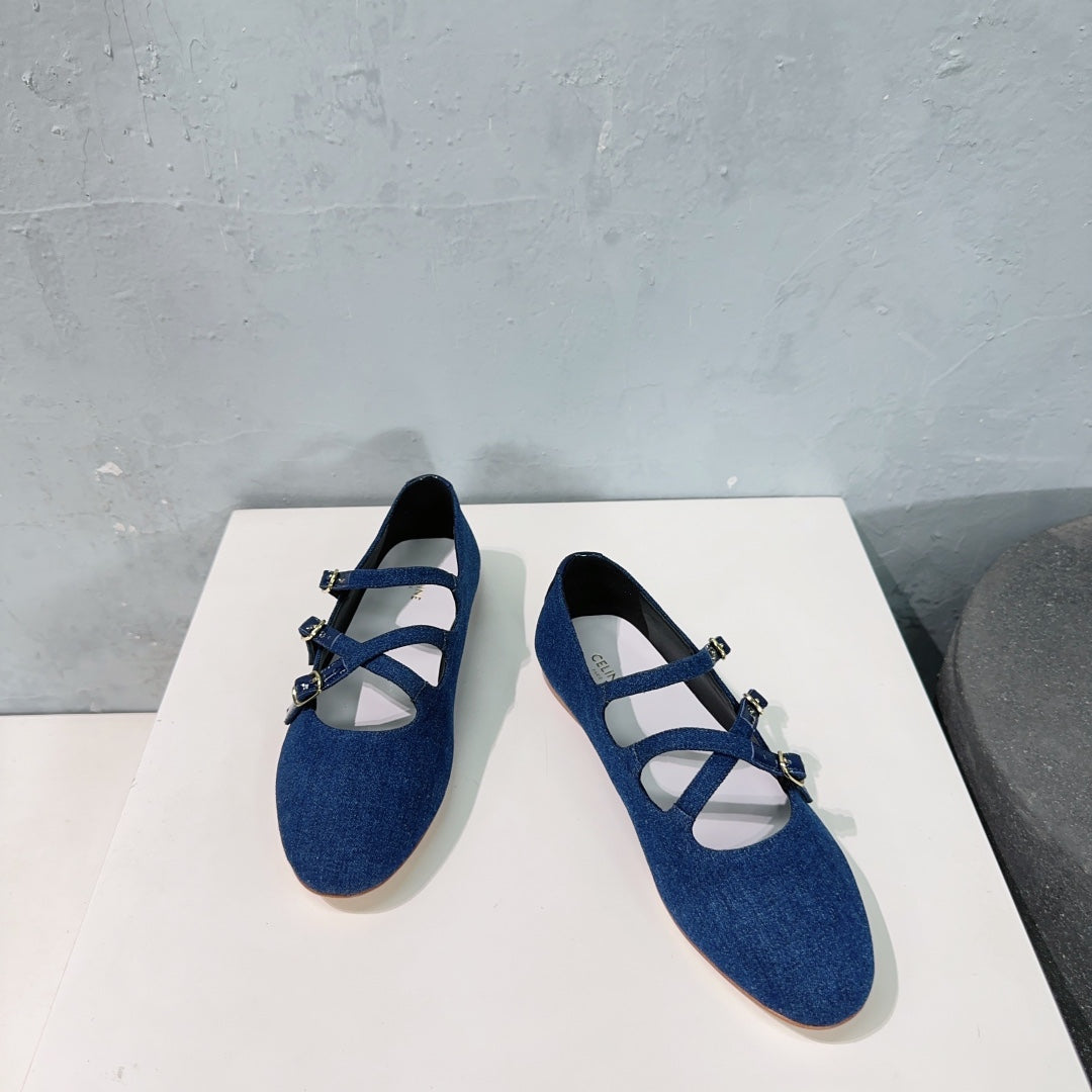 LES BALLERINES CELINE BABIES IN CLASSIC BLUE DENIM FABRIC