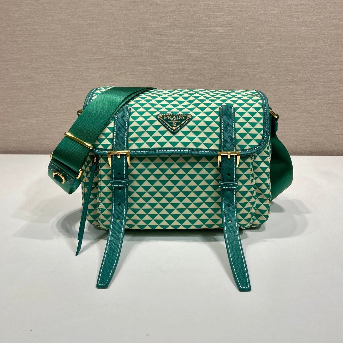 MESSENGER BAG 25 IN FOREST GREEN MIX CREAM TRIANGLE PATTERN EMBROIDERED FABRIC