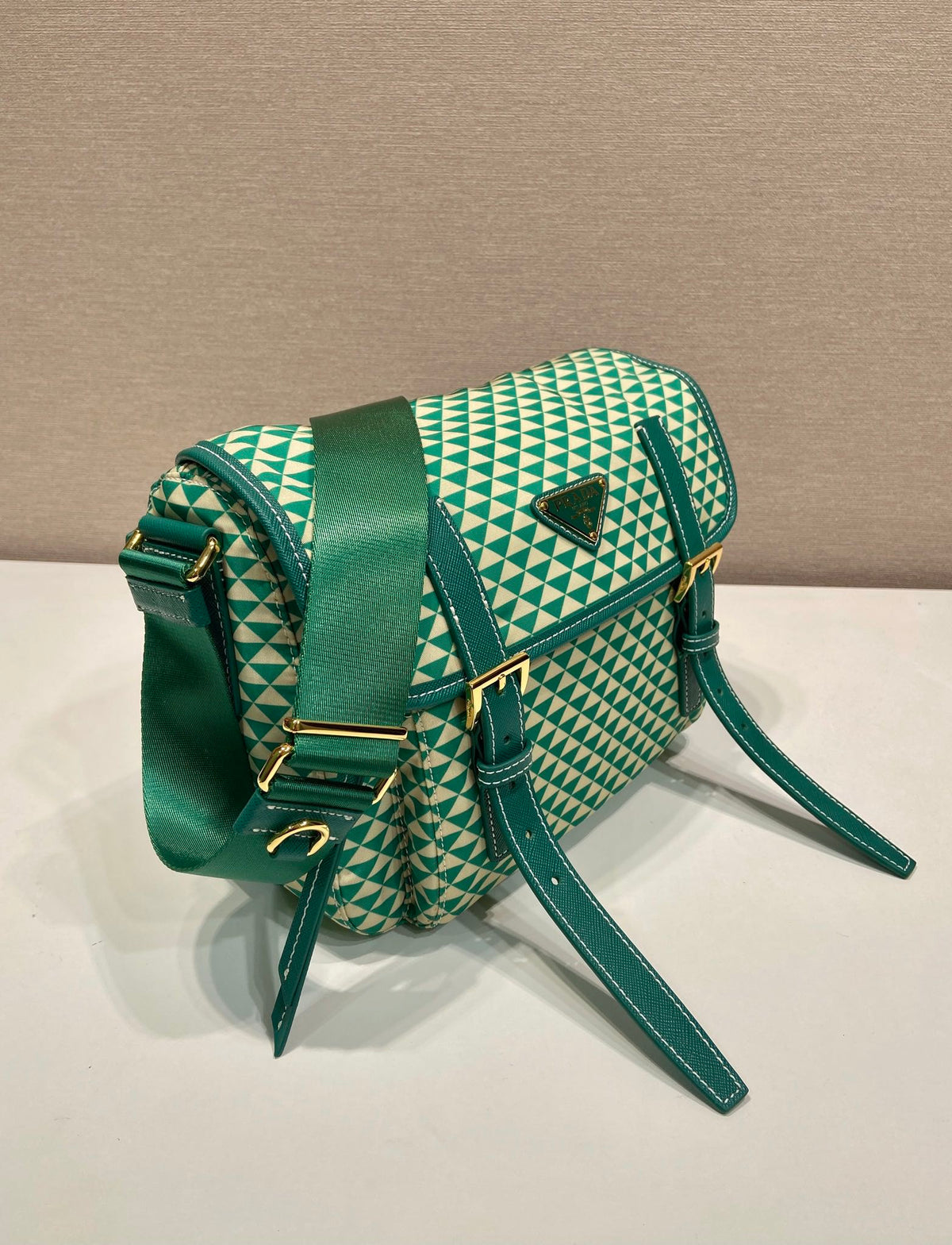 MESSENGER BAG 25 IN FOREST GREEN MIX CREAM TRIANGLE PATTERN EMBROIDERED FABRIC
