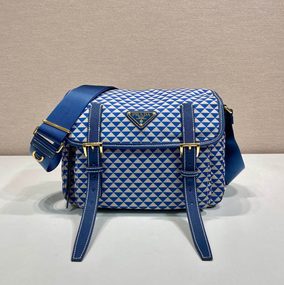 MESSENGER BAG 25 IN BLUE MIX WHITE TRIANGLE PATTERN EMBROIDERED FABRIC