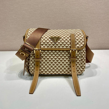 MESSENGER BAG 25 IN BROWN MIX CREAM TRIANGLE PATTERN EMBROIDERED FABRIC