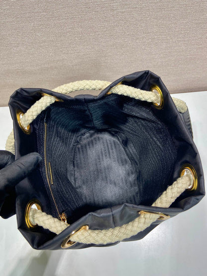 BUCKET BAG 28 IN BLACK RE-NYLON GOLD LOGO