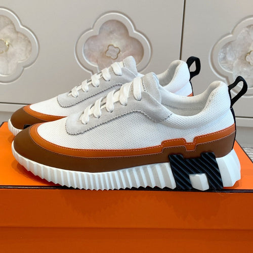 BOUNCING SNEAKER IN WHITE GRAPHIC MESH AND BRONZE BROWN CALFSKIN