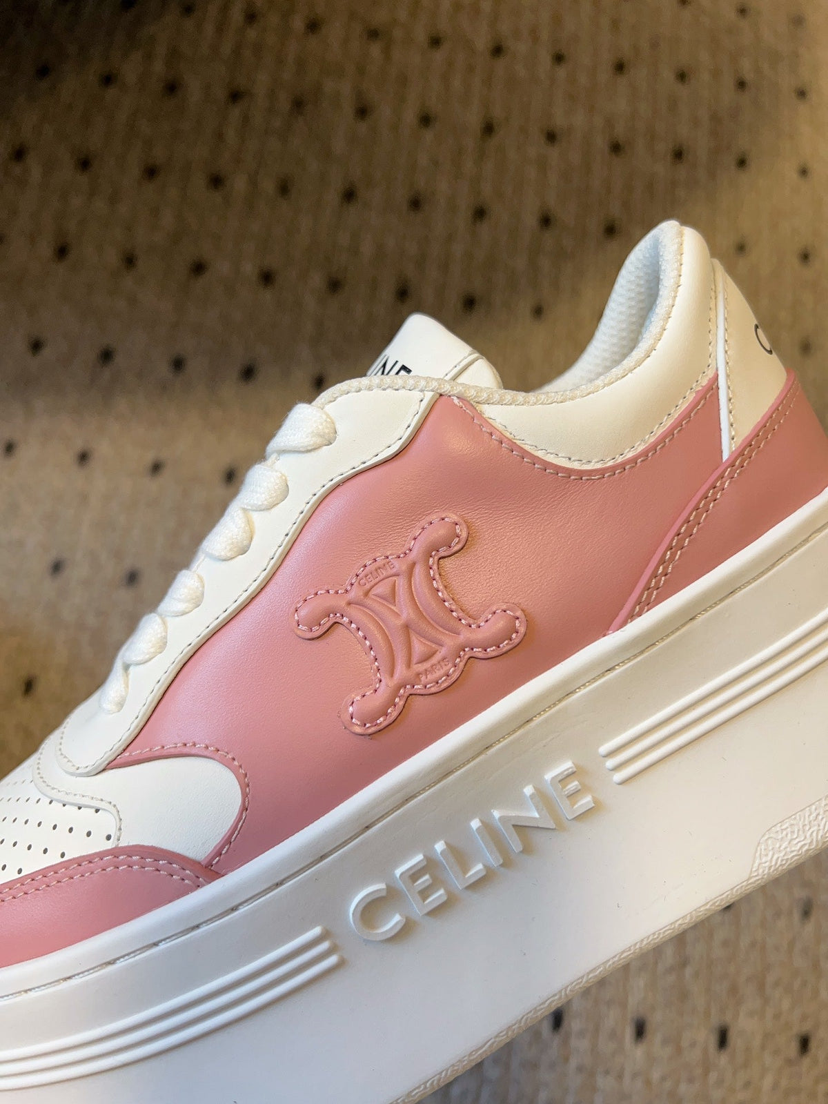 BLOCK SNEAKER WITH TRIOMPHE IN WHITE MIX BABY PINK CALFSKIN