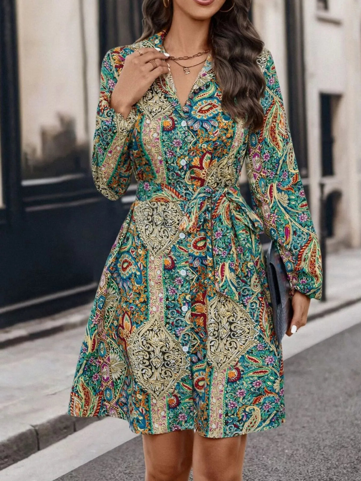 Paisley Print Button-Down Shirt Dress