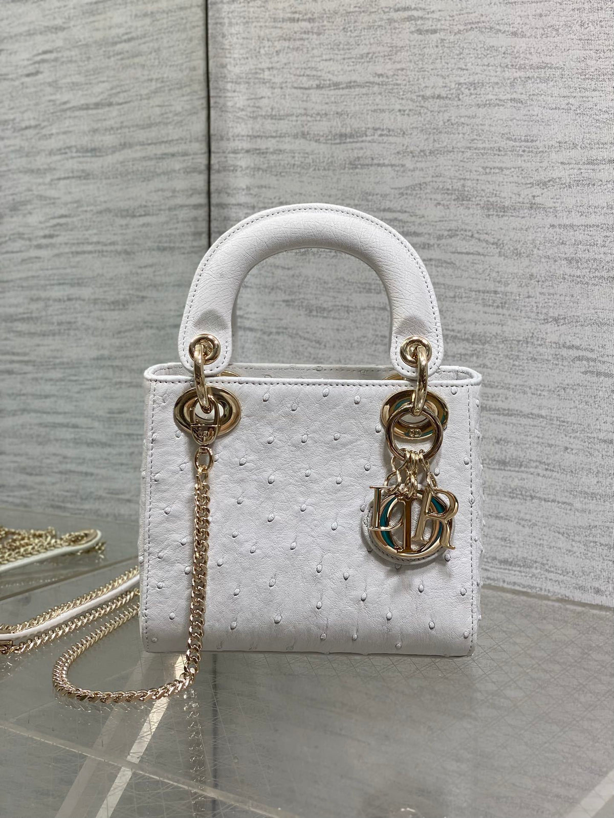 Christian Dior Mini Lady Dior bag in white ostrich leather