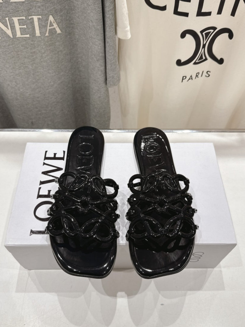 Loewe Leather Petal Anagram Slides in Black