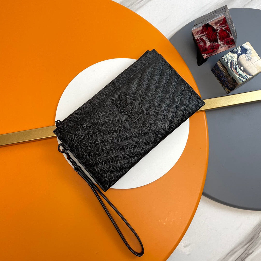 YSL CASSANDRE MATTELASÈ LARGE ZIPPED POUCH IN GRAIN DE POUDRE EMBOSSED LEATHER
