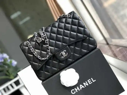 Chanel Classic Double Flap 30 Shoulder Bag Black Silver Hardware
