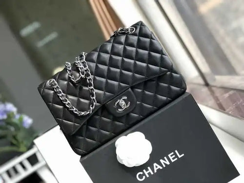 Chanel Classic Double Flap 30 Shoulder Bag Black Silver Hardware