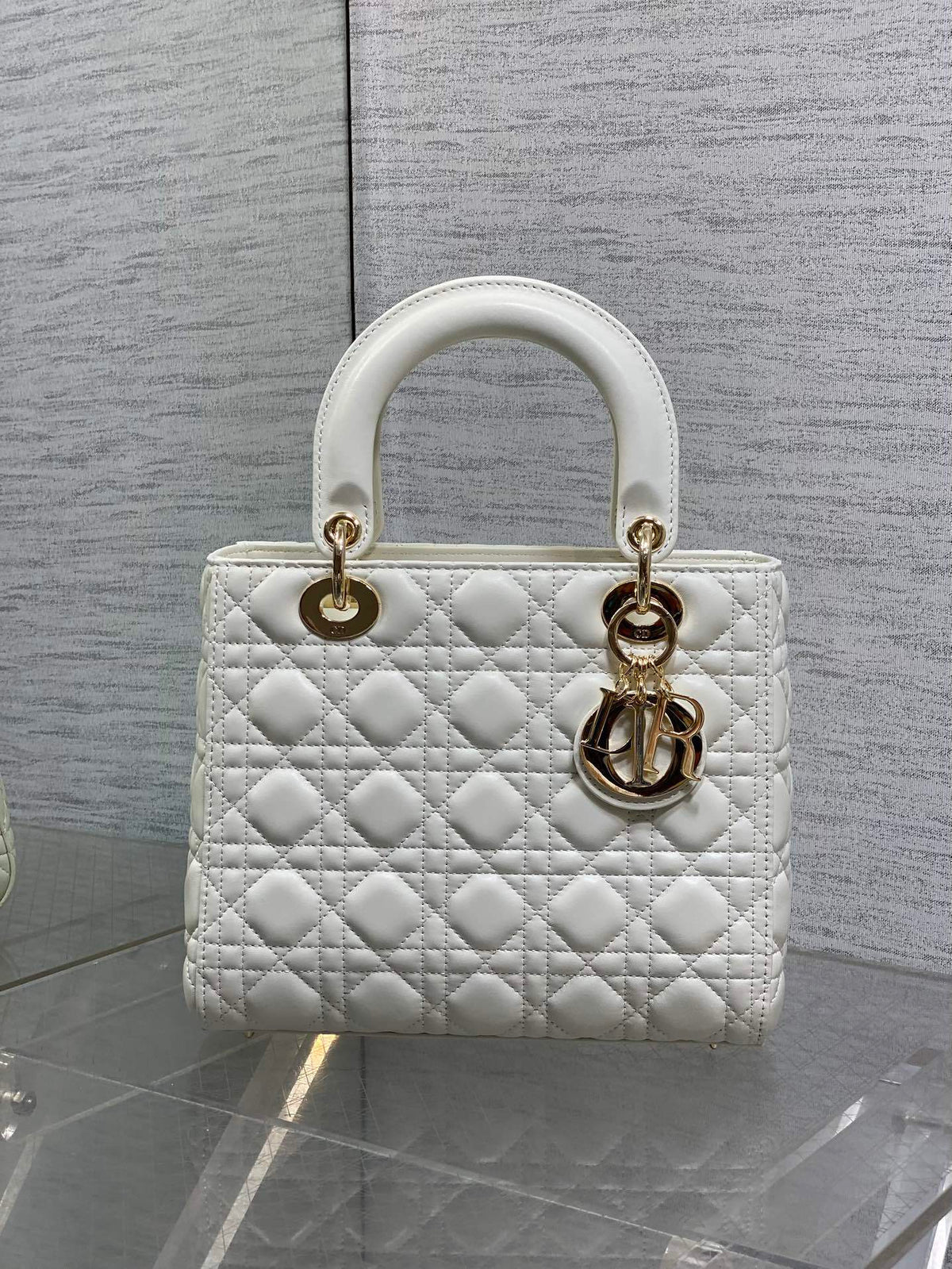 Dior Medium Lady Bag in White Gold Hardware