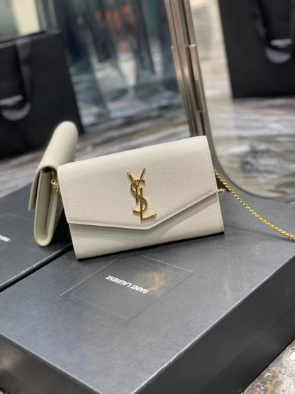 Saint Laurent Grain De Poudre Uptown Chain Wallet White