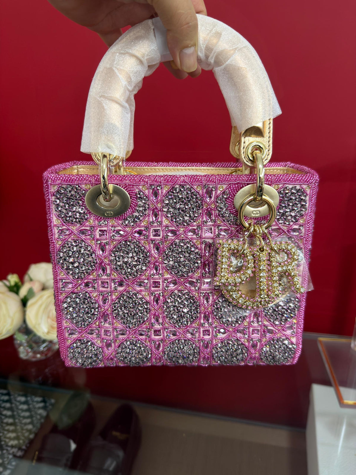 LADY DIOR BAG Metallic Calfskin &amp; Satin with Rose Des Vent