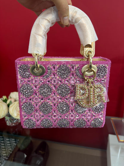 LADY DIOR BAG Metallic Calfskin &amp; Satin with Rose Des Vent