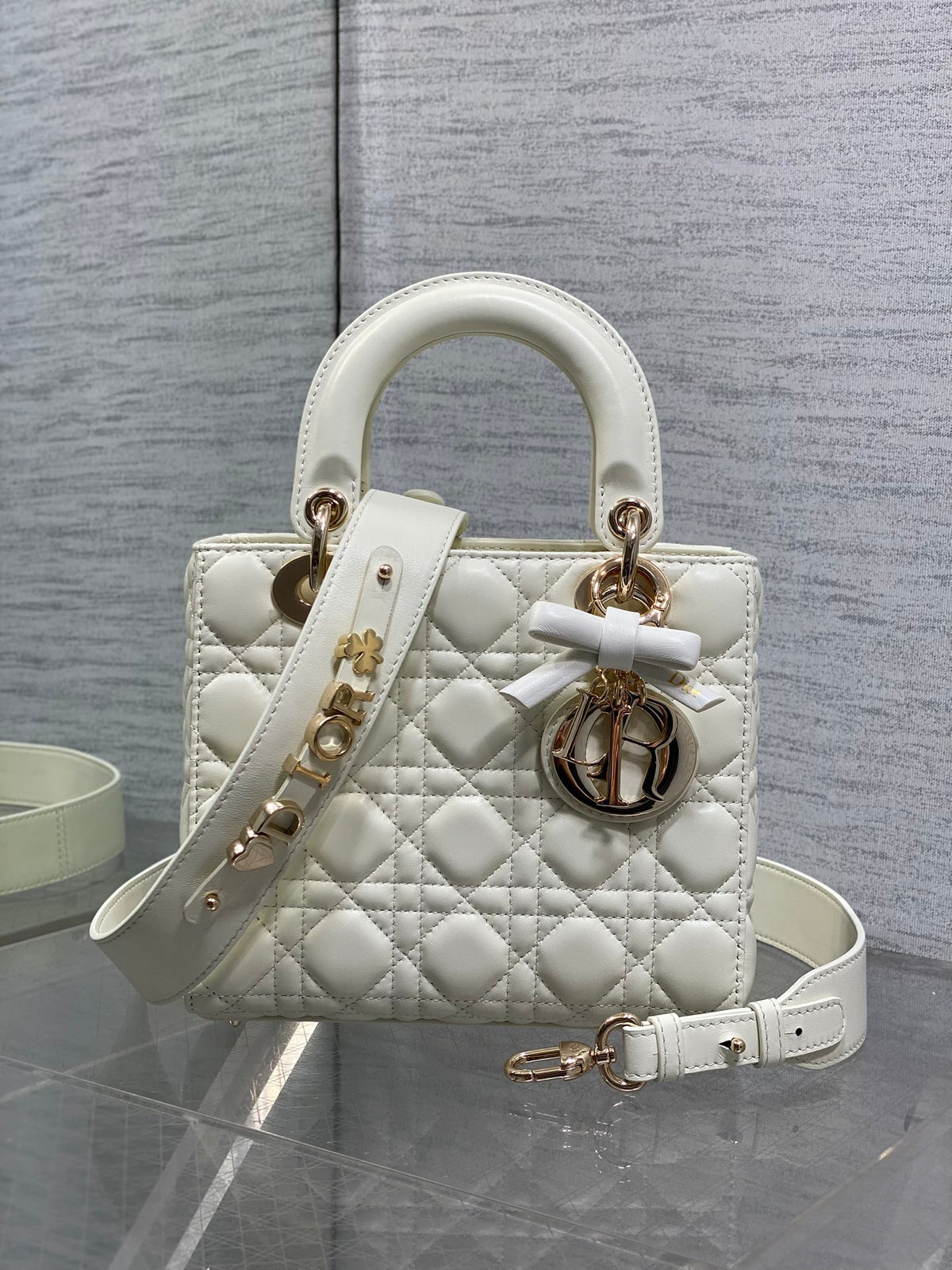 DIOR LADY SMALL WHITE GOLD HARDWARE