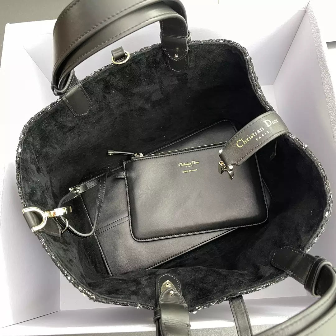 Christian Dior Calfskin Tweed Cannage Medium Toujours Black White