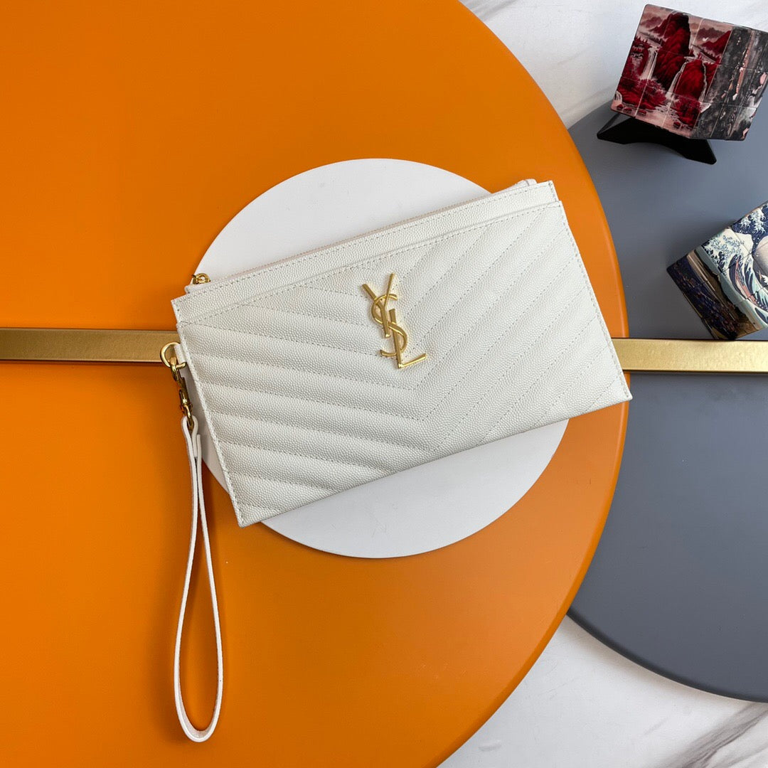 YSL CASSANDRE MATTELASÈ LARGE ZIPPED POUCH IN GRAIN DE POUDRE EMBOSSED LEATHER