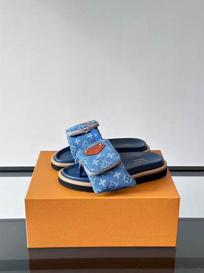 LV Men Blue Denim Slides