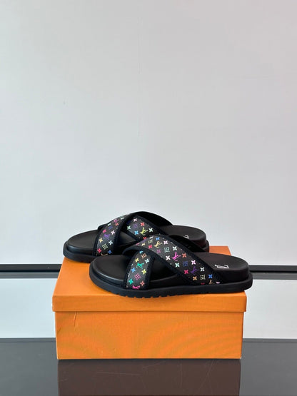 LV Men Black Multicolor Canvas Slides