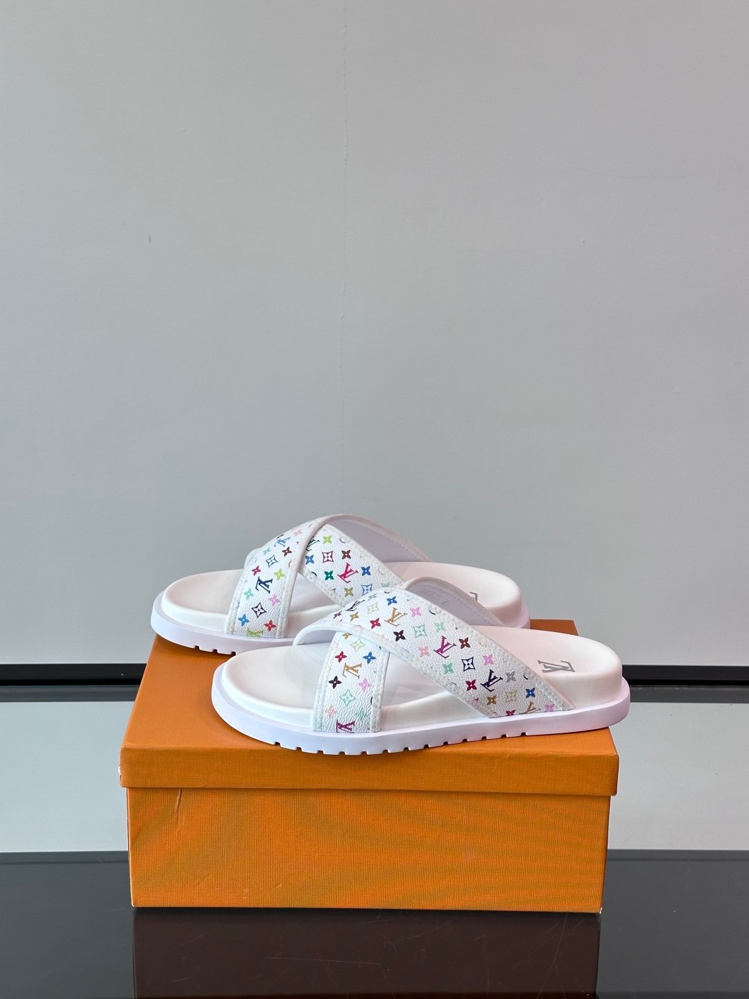 LV Men White Multicolor Leather Slides