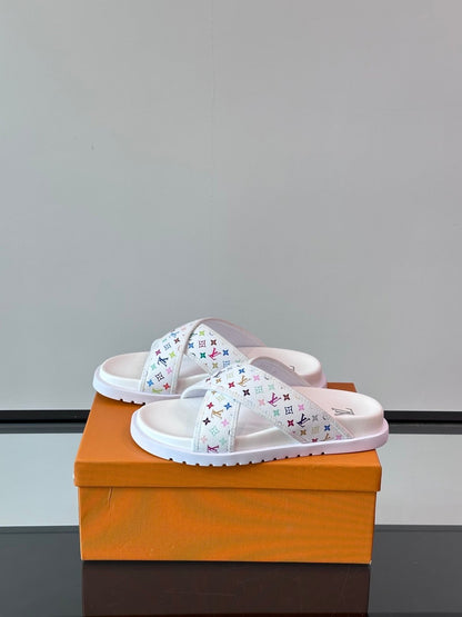 LV Men White Multicolor Leather Slides