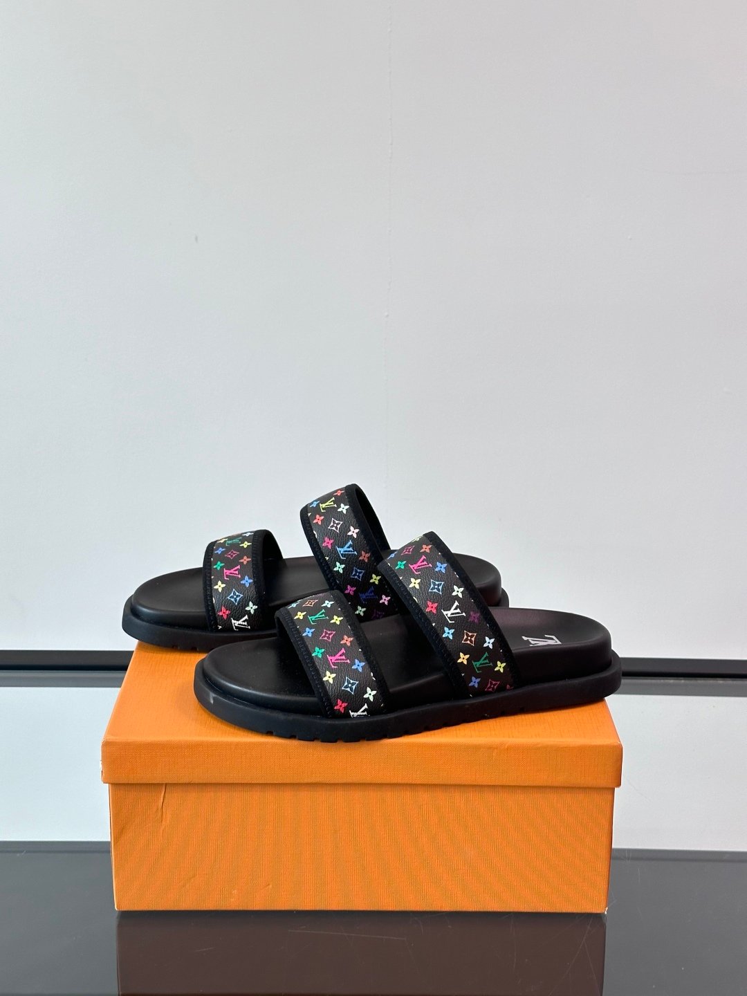 LV Men Black Canvas Double Strap Slides