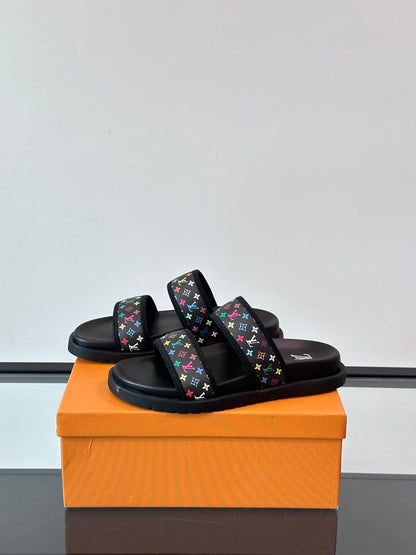 LV Men Black Canvas Double Strap Slides
