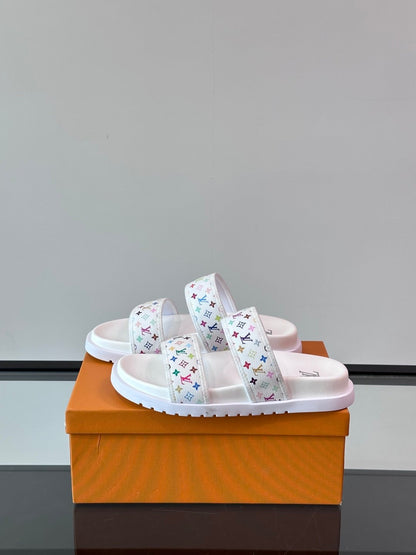 LV Men White Canvas Multicolor Logo Slides