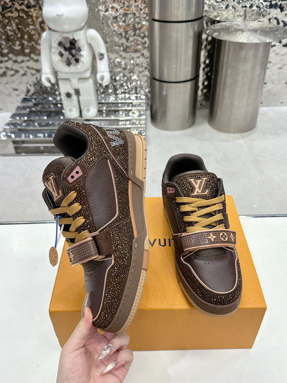 LV Women Brown Leather Sparkle Strap Sneakers
