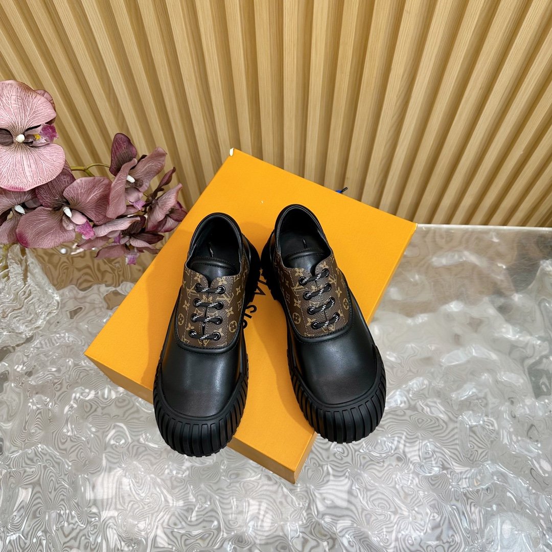 LV Women Black Leather Brown Patterned Sneakers