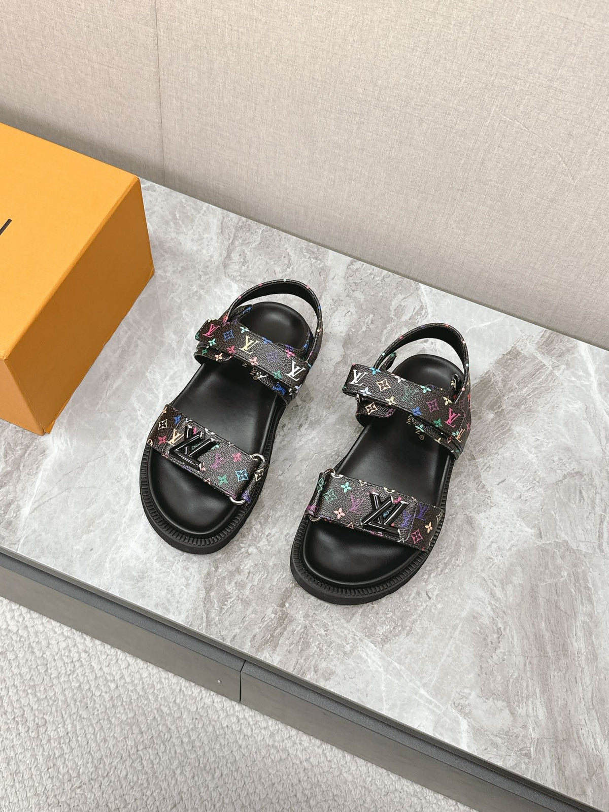 LV Women Black Multi Leather Strap Sandals